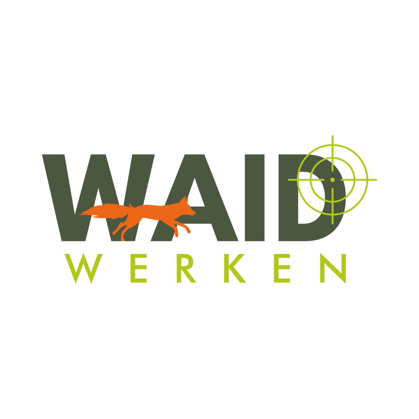 „Logo von WAIDWERKEN: dunkelgrüner Schriftzug ‚WAID‘ mit einem orangefarbenen, laufenden Fuchs in der Mitte; das ‚D‘ enthält ein grünes Fadenkreuz. Darunter hellgrüner Schriftzug ‚WERKEN‘.“