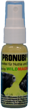 Sprühflasche des Produkts „PRONUBI®“ – ein Lockmittel für Nutria und Biber, entwickelt von WILDMAGNET®. Auf dem Etikett sind zwei Tierabbildungen (Nutria und Biber) sowie Anwendungshinweise und Herstellerinformationen abgedruckt. Die Flasche ist mit einem weißen Sprühkopf versehen.