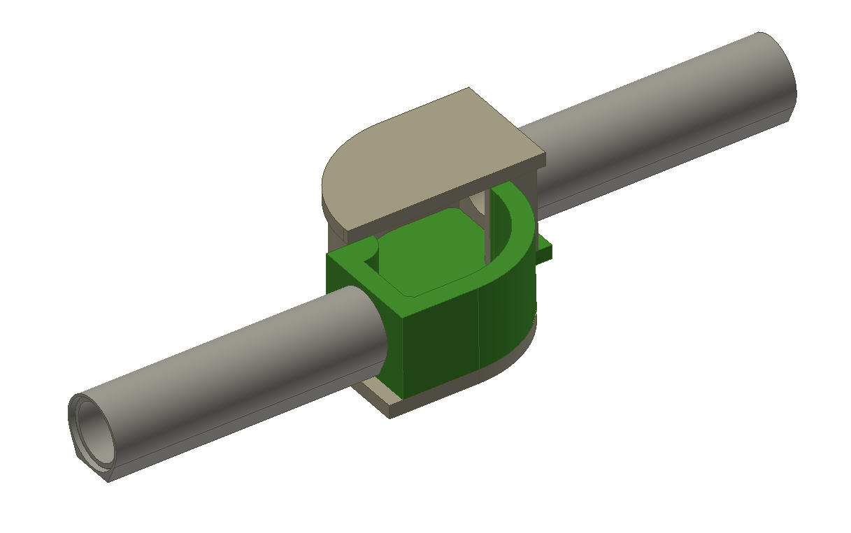 Das 3D-Modell zeigt eine Fangstation im Aufbau: Zwei graue Fangrohre verlaufen linear durch eine grüne zentrale Kammer – das Fangmodul. Darüber liegt eine halbkreisförmige Abdeckung (vermutlich aus Beton), die die Mechanikeinheit schützt. Das grüne Modul symbolisiert den inneren Fangraum, in dem typischerweise ein Trittbrett oder Auslösemechanismus verbaut ist. Die Konstruktion dient der Lebendfanganwendung im Bodenbereich.