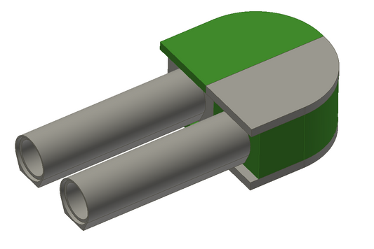 CAD-Modell eines modularen Fangsystems mit zwei parallelen Rohranschlüssen und halbrunder Abdeckung – Flexi-Hole-Einheit für stationäre Lebendfallen.

