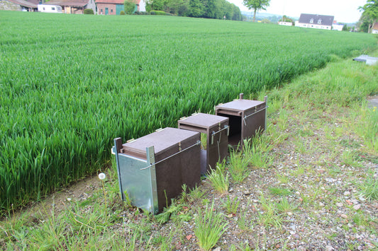 Modulare Doppelfalle für Lebendfang am Feldrand aufgestellt – wetterfeste Bauweise mit Metallfront.

