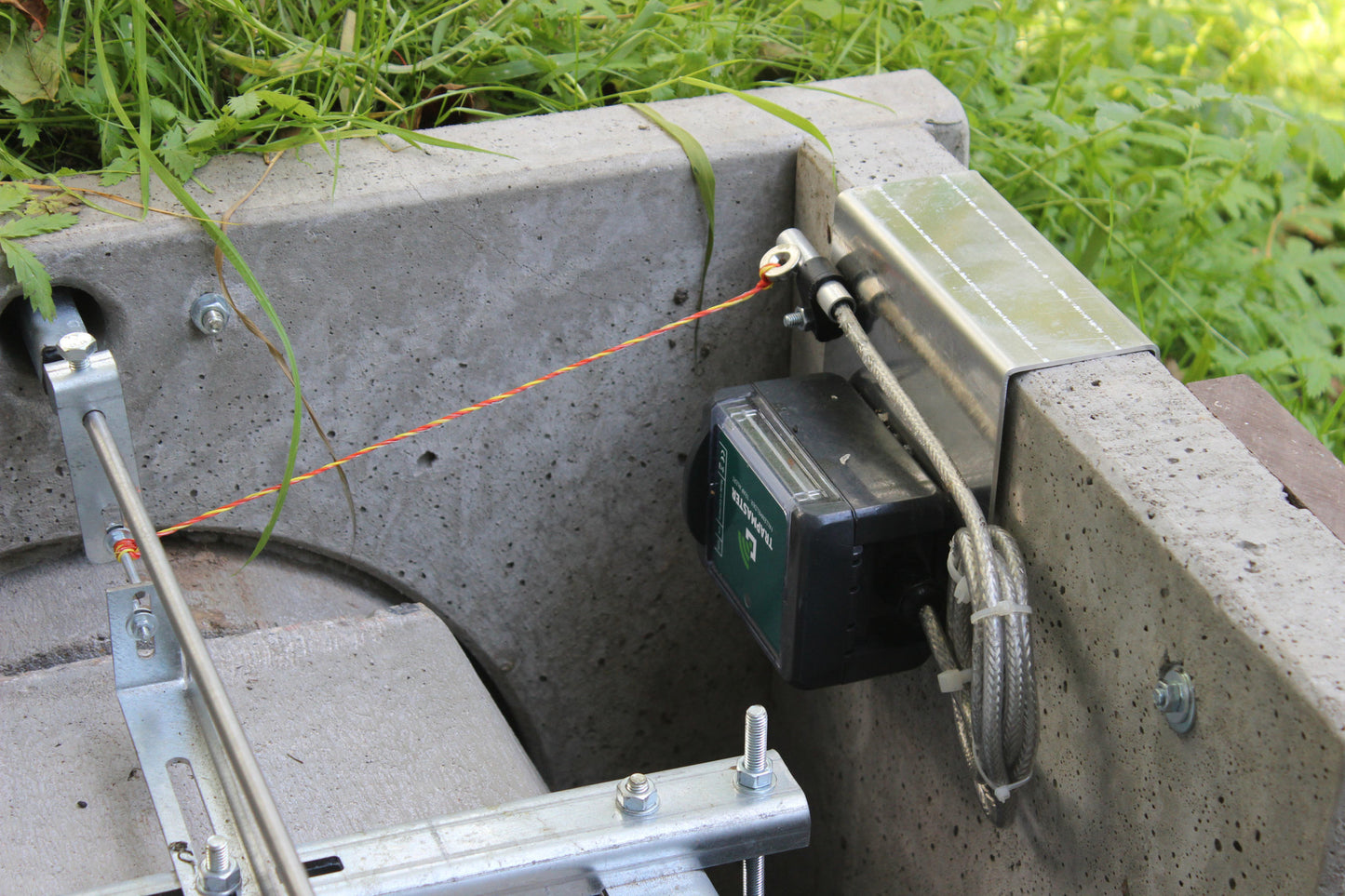 Ein Trapmaster-Fallenmelder ist an einem Betonelement befestigt. Das Sensorkabel ist mit Kabelbindern gesichert und führt zu einer Auslösevorrichtung, die über eine orangefarbene Reißleine mit einem Metallbügelmechanismus verbunden ist. Die Umgebung ist begrünt, der Melder ist funktional in eine Fangvorrichtung integriert.