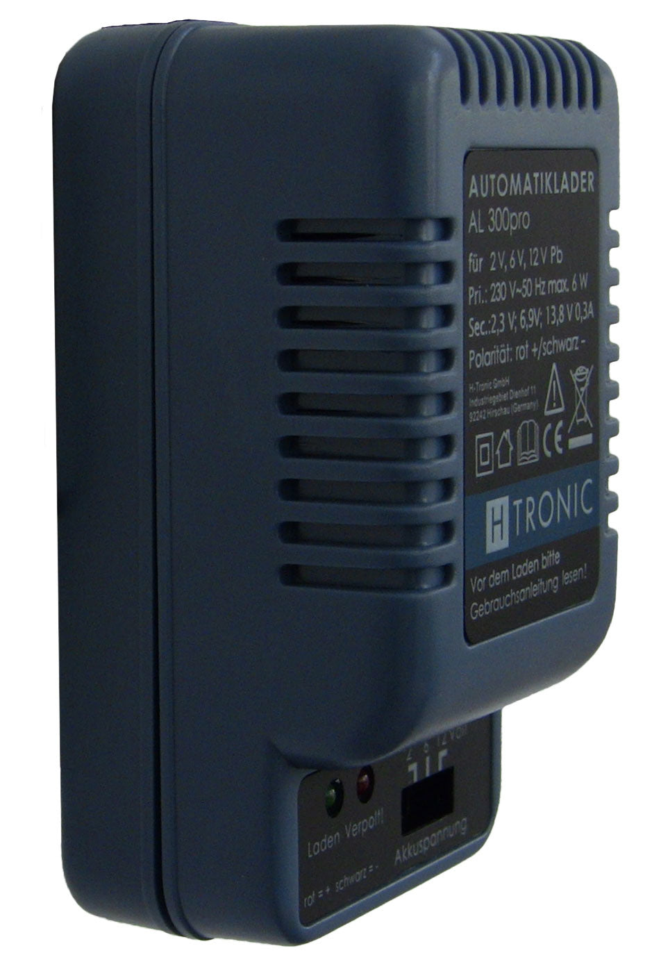 Blaues H-Tronic AL 300pro Automatikladegerät für 2V, 6V und 12V Bleiakkus. Das Gerät hat seitliche Lüftungsschlitze, eine Kontrollanzeige mit roten und grünen LEDs für den Ladezustand sowie ein Wahlfeld zur Einstellung der Akkuspannung. Aufgedruckte technische Daten und Warnhinweise sind auf der rechten Seite sichtbar.